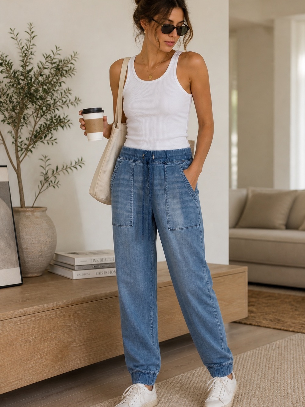 Bella Dahl Chambray Jogger Pants Size M Drawstring Casual Denim Soft Luxe